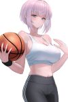 1girl ball basketball_(object) black_pants blush breasts cleavage highres holding holding_ball hot large_breasts looking_at_viewer midriff original pants parted_lips pink_eyes pink_hair short_hair simple_background solo sports_bra sthk sweat white_background white_sports_bra yoga_pants 