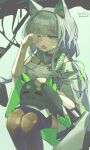  2girls :3 absurdres animal_ears arknights black_thighhighs cat_ears cat_girl commentary crotch3t dated detached_collar dragon_bean_(arknights) dress english_commentary fang green_eyes hand_up highres kal'tsit_(arknights) kal'tsit_esperanta_(arknights) medium_hair mon3tr_(arknights) multiple_girls off-shoulder_dress off_shoulder rubbing_eyes sitting sitting_on_lap sitting_on_person skin_fang thighhighs twitter_username white_dress white_hair 