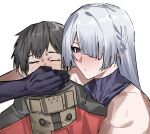  1boy 1girl absurdres ak-15_(girls'_frontline) assertive_female black_gloves black_hair blush closed_eyes closed_mouth coat commander_(girls'_frontline) commentary english_commentary girls'_frontline girls'_frontline_2:_exilium gloves grey_hair highres implied_handjob long_hair muscular muscular_female purple_eyes red_coat red_pupils simple_background sweat upper_body voymastina_(girls'_frontline_2) white_background yazu_(zoddiacz) 