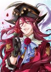  aoidos artist_name dated feathers flower gloves granblue_fantasy hat leaf long_hair male_focus merry_(secilhodoshima) one_eye_closed open_mouth petals portrait red_eyes red_hair rose solo teeth 