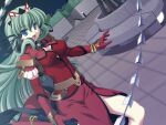  1girl 2000s_(style) :o blue_eyes bracelet breasts cleavage cleavage_cutout clothing_cutout dress dutch_angle elbow_gloves elixir_rose game_asset gloves green_hair hair_ribbon headdress holding holding_sword holding_weapon jewelry kagashima_itsuki large_breasts long_hair magical_girl mahou_senshi_(series) mahou_senshi_elixir_knights night non-web_source official_art open_mouth outdoors red_gloves ribbon saitou_natsuki self-datamine side_slit solo sword variant_set visual_novel_cg weapon whip whip_sword 