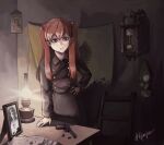  1girl alexi_romanov bad_source blue_eyes bullet chair clock coat collared_shirt crossover flag gas_mask grey_coat gun hand_on_own_hip handgun hearts_of_iron highres interface_headset_(evangelion) lamp luger_p08 mask neon_genesis_evangelion papers shirt solo souryuu_asuka_langley table watch weapon wristwatch 