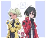  1boy 2girls bellri_zenam bindi black_hair blue_eyes bow commentary_request dark-skinned_female dark_skin double_bun green_hair gundam gundam_g_no_reconguista hair_bun highres mecha_pilot_suit multiple_girls nobell noredo_nug normal_suit_(gundam) one_eye_closed open_collar open_mouth pink_hair rabbit_symbol raraiya_monday sbr_ghn v 