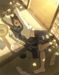  1girl absurdres animal_ear_fluff animal_ears barefoot black_hair blue_archive cat_ears cat_girl cat_tail closed_eyes commentary_request csham fang halo highres indoors kikyou_(blue_archive) lying multiple_tails navel on_floor open_mouth school_uniform serafuku short_hair skirt sliding_doors socks solo stretching tabi tail two_tails unworn_socks washitsu white_serafuku white_socks yarn yarn_ball 