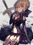  artoria_pendragon_(all) babydoll bangs black_dress black_gloves black_legwear blonde_hair blurry bow bow_panties braid character_name closed_mouth commentary cowboy_shot dark_excalibur depth_of_field dress elbow_gloves eyebrows_visible_through_hair fate/stay_night fate_(series) french_braid garter_belt gloves lace lace-trimmed_panties lingerie looking_at_viewer panties red_bow saber_alter sidelocks solo thighhighs thighs underwear yasiromann yellow_eyes 