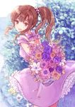  bare_shoulders blush bouquet bow brown_eyes brown_hair dress eyebrows_visible_through_hair flower holding holding_bouquet medium_hair nagidango open_mouth original ponytail purple_bow purple_dress smile solo 