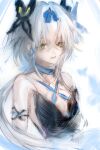  1girl arm_strap bare_shoulders blue_bow blue_choker bow breasts butterfly_hair_ornament chew_x choker cleavage crossed_bangs duet_night_abyss earrings green_eyes hair_between_eyes hair_bow hair_ornament highres jewelry light_smile long_hair looking_at_viewer low_ponytail medium_breasts open_mouth ponytail psyche_(duet_night_abyss) sideless_outfit simple_background sketch solo strapless upper_body white_background white_hair 