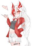  1girl 5tone14on alternate_costume alternate_hairstyle black_shirt blush breasts casual closed_mouth cowboy_shot eyeliner fu_hua fu_hua_(fenghuang_of_vicissitude) hair_between_eyes hand_in_pocket hand_up heart high_ponytail highres honkai_(series) honkai_impact_3rd jacket long_hair long_sleeves looking_at_viewer makeup midriff multicolored_hair navel open_clothes open_jacket ponytail red_eyeliner red_eyes red_hair red_jacket shirt shorts simple_background solo streaked_hair symbol-shaped_pupils thigh_strap two-tone_hair very_long_hair white_background white_hair white_shorts yellow_pupils 