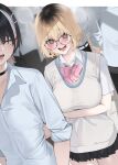  2girls @_@ aki_(rerrere) arm_under_breasts black_hair blonde_hair blush bow bowtie breasts collared_shirt commentary_request glasses haru_(rerrere) highres large_breasts multicolored_hair multiple_girls open_mouth original pleated_skirt rerrere roots_(hair) school_uniform shirt short_hair skirt standing streaked_hair striped_bow striped_bowtie striped_clothes sweater_vest 