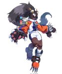  animal_hands animal_helmet bandaged_leg bandages bearcatmon black_hair black_helmet blue_jacket bluesky_logo bluesky_username clawed_boots clawed_gloves commentary corrupted_twitter_file dark-skinned_female dark_skin digimon digimon_(creature) digimon_beatbreak gloves grey_hair helmet highres jacket knee_pads long_hair looking_down multicolored_hair multicolored_jacket orange_sleeves paw_gloves red_eyes roller_skates shorts single_knee_pad skates smile spiked_knuckles star_(symbol) star_print toned toned_female twitter_username twitter_x_logo two-tone_hair two-tone_jacket very_dark_skin very_long_hair white_jacket white_shorts youzaiyouzai112 zipper zipper_pull_tab 