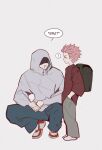  2boys ? aged_down alternate_universe backpack bag black_bag denim english_text from_side full_body grey_background hands_in_pockets highres hood hood_up hooded_jacket itadori_yuji jacket jeans jujutsu_kaisen jujutsu_kaisen_modulo looking_at_another male_focus multiple_boys pants pink_hair pinkuyuji red_shirt red_shoes ryoumen_sukuna_(jujutsu_kaisen) scar scar_on_face scar_on_mouth school_bag shirt shoes short_hair simple_background speech_bubble spoken_question_mark squatting standing 