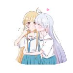  2girls absurdres ahoge ahoge_wag blonde_hair blue_neckerchief blue_skirt cho_kaguya-hime! colored_inner_hair commentary_request expressive_hair flying_sweatdrops grey_hair hair_wagging hand_on_another's_face hand_on_another's_waist heart highres kaguya_(cho_kaguya-hime!) kiss kissing_cheek long_hair multicolored_hair multiple_girls neckerchief nimoillust orange_eyes pink_hair pleated_skirt runami_yachiyo sailor_collar school_uniform serafuku shirt simple_background skirt white_background white_sailor_collar white_shirt yuri 