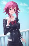  1girl against_railing bad_anatomy bad_hands black_dress black_jacket breasts chaos;child collarbone commentary cropped_jacket dress glazearty hair_between_eyes hand_up hekiho_academy_school_uniform highres jacket looking_at_viewer on_rooftop onoe_serika open_mouth pink_eyes pink_hair railing sailor_collar school_emblem school_uniform science_adventure short_hair_with_long_locks small_breasts smile solo tongue white_sailor_collar white_trim 