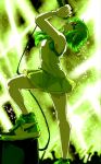 1girl audience bra cable commentary_request from_side goggles green_bra green_hair green_shoes green_skirt green_tank_top green_theme gumi highres holding holding_microphone leaning_back microphone oisiiidoo open_mouth profile red-tinted_eyewear shoes short_hair_with_long_locks singing skirt sneakers solo_focus stage_lights tank_top tinted_eyewear underwear uneven_footing vocaloid wristband 