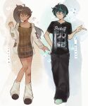  2girls ? ahoge aqua_shoes baggy_pants band_shirt bandaid bandaid_on_face bandaid_on_leg bandaid_on_nose black_hair black_pants black_shirt black_shoes blue_eyes blue_streaks brown_dress brown_eyes brown_hair character_name clover commentary crossed_bangs danganronpa:_despair_time dark-skinned_female dark_skin dress english_commentary expressionless gradient_hair green_streaks grey_hair group_name hair_between_eyes halftone hand_on_own_hip hand_up head_tilt highres index_finger_raised j_moreno jewelry long_hair long_sleeves looking_at_viewer loose_socks merchandise multicolored_hair multiple_girls multiple_rings necklace off-shoulder_sweater off_shoulder pants parted_lips patch plaid_clothes plaid_dress ponytail ring shirt shoes short_hair sleeveless sleeveless_dress slipknot socks sparkle sparkling_aura speech_bubble spoken_question_mark star_(symbol) star_necklace streaked_hair sweater t-shirt teruko_tawaki white_shirt white_socks white_sweater xin_ci zoom_layer 