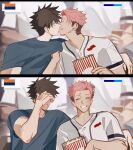  2boys baseball_jersey black_hair blue_shirt closed_eyes closed_mouth clothes_pull commentary embarrassed facing_viewer food french_kiss fushiguro_megumi grin hand_on_own_face highres itadori_yuji jersey jujutsu_kaisen jujutsu_kaisen_modulo kiss male_focus multicolored_hair multiple_boys multiple_scars pink_hair pinkuyuji popcorn scar scar_on_face scar_on_forehead scar_on_mouth shirt shirt_pull sitting smile spiked_hair surprise_kiss surprised teeth two-tone_hair undercut untranslatable_commentary upper_body white_jersey yaoi 
