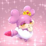  &lt;3 &lt;3_eyes 2017 blush clothed clothing cocotama crown eyelashes featureless_limbs female fur himitsu_no_cocotama kirarise_(cocotama) lipstick looking_back makeup open_mouth panties pink_background purple_fur sayunu simple_background solo tan_fur underwear yellow_eyes 