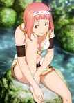  absurdres bare_legs barefoot breasts brown_eyes cleavage closed_mouth crop_top hairband highres looking_at_viewer medium_breasts midriff miniskirt navel nina_dragnot official_art pink_hair shingeki_no_bahamut shingeki_no_bahamut:_genesis shingeki_no_bahamut:_virgin_soul short_hair sitting skirt smile solo water wet 