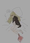  1girl barefoot black_shirt blonde_hair blush bottomless cho_kaguya-hime! closed_eyes commentary_request hattorinp8l highres kaguya_(cho_kaguya-hime!) long_hair lying masturbation on_side pink_shoes shirt shoes short_sleeves sketch solo sweat translated unworn_clothes 