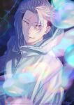  1boy brown_eyes commentary english_text gradient_eyes grey_jacket highres hood hood_up hooded_jacket itadori_yuji izkeycc jacket jujutsu_kaisen jujutsu_kaisen_modulo looking_at_viewer male_focus multicolored_eyes parted_lips pink_hair scar scar_on_face scar_on_mouth short_hair solo twitter_username untranslatable_commentary upper_body zipper zipper_pull_tab 