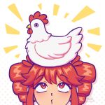 1girl 1other animal animal_on_head artist_logo artist_name bird bird_on_head birdbrain_(synthesizer_v) chicken closed_mouth commentary double-parted_bangs drill_hair english_commentary highres kasane_teto logo looking_at_animal looking_up nichan_(nichanhimedesu) o3o on_head portrait red_eyes red_hair sidelocks simple_background twin_drills utau white_background white_bird 