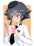  anzio_school_uniform black_hair black_hat black_neckwear blush book braid eyebrows_visible_through_hair girls_und_panzer hat highres holding holding_book medium_hair necktie open_book open_mouth orange_eyes pepperoni_(girls_und_panzer) reading ruka_(piyopiyopu) solo wavy_mouth 