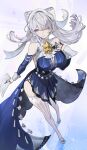  1girl blue_dress breasts cleavage commentary dress earrings hand_on_own_chest highres jewelry large_breasts long_hair looking_at_viewer pointy_ears purple_eyes sakichka smile solo thighhighs thighs velina_airgid very_long_hair white_hair white_thighhighs zenless_zone_zero 