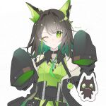  1girl absurdres ahoge animal_ears arknights artist_name bare_shoulders black_hair black_jacket choker closed_mouth colored_inner_hair crystal_horns detached_collar dress green_dress green_eyes green_hair highres horns huge_ahoge jacket jacket_partially_removed long_hair looking_at_viewer mon3tr_(arknights) multicolored_hair off_shoulder one_eye_closed sanlao1207 signature simple_background sleeves_past_fingers sleeves_past_wrists solo stethoscope stethoscope_around_neck twitter_username upper_body white_background 