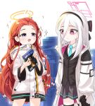  2girls :d :s arms_at_sides black_bow black_hairband black_skirt black_thighhighs blazer blue_archive blue_eyes blue_necktie blue_pupils bow bright_pupils closed_mouth coat collared_shirt commentary_request controller cowboy_shot dark_souls_(series) dot_nose double-parted_bangs dress_shirt dualshock dvd_case forehead game_controller hair_between_eyes hair_bow hairband halo handheld_game_console hands_up highres holding holding_controller holding_game_controller hood hood_down jacket keep_case kei_(blue_archive) kei_(student)_(blue_archive) korean_commentary light_blush long_hair long_hair_between_eyes long_sidelocks long_sleeves looking_at_another looking_at_object loosely_tucked_bangs middle_part minimin346539 miniskirt multi-source_commentary multiple_girls multiple_hair_bows necktie object_in_pocket open_clothes open_coat open_mouth orange_hair parted_hair pink_coat pink_eyes pink_halo playstation_controller pleated_skirt pocket rectangular_halo ringed_eyes shirt sidelocks simple_background skirt smile sparkle sparkling_aura standing sweat thighhighs two-sided_coat two-sided_fabric very_long_hair white_background white_bow white_coat white_hair white_jacket white_pupils white_shirt yellow_halo yuzu_(blue_archive) zettai_ryouiki 
