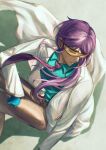  1boy absurdres aqua_shirt belt black_belt blue_gloves brown_pants charles_cuevas coat collared_shirt commentary danganronpa:_despair_time dark-skinned_male dark_skin expressionless floating_clothes floating_hair floating_neckwear gloves half-closed_eyes highres lab_coat lapels long_hair long_sleeves looking_to_the_side low_ponytail necktie notched_lapels open_clothes open_coat pants ponytail ponytail_over_shoulder purple_hair purple_necktie rubber_gloves safety_glasses shirt sidelocks simple_background sitting snowfox_(yk_kitsune202) solo tinted_eyewear untranslatable_commentary white_background yellow-tinted_eyewear yellow_eyes 