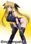  1girl arm_belt belt bent_over black_ribbon blonde_hair breasts collarbone commentary_request covered_nipples fate_testarossa fate_testarossa_(true_sonic_form) feet_out_of_frame floating_hair gauntlets gradient_background hair_ribbon hands_on_own_knees highres kyomeihibiki large_breasts long_hair looking_at_viewer lyrical_nanoha magical_girl mahou_shoujo_lyrical_nanoha_strikers parted_lips partial_squatting red_belt red_eyes ribbon skindentation solo standing twintails twitter_username yellow_background 