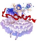  armpits bangs blue_eyes blue_hair bouquet breasts detached_collar dress eyebrows_visible_through_hair fire_emblem fire_emblem:_monshou_no_nazo fire_emblem_heroes flower full_body hair_flower hair_ornament hairband high_heels highres long_hair looking_away medium_breasts official_art open_mouth sheeda solo transparent_background wedding_dress white_dress yoshiku_(oden-usagi) 