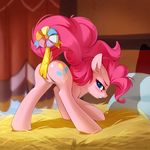  2017 blush butt cutie_mark earth_pony equine female feral friendship_is_magic grin hair hay hi_res hooves horse looking_at_viewer mammal my_little_pony pink_hair pink_tail pinkie_pie_(mlp) pony pussy smile solo tomatocoup 