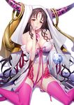  ass ass_visible_through_thighs bangs bare_shoulders black_hair blush breasts cleavage detached_sleeves dress facial_mark fate/extra fate/extra_ccc fate_(series) finger_to_mouth forehead_mark horns large_breasts lips long_hair looking_at_viewer navel off-shoulder_dress off_shoulder parted_bangs purple_legwear revealing_clothes ririko_(zhuoyandesailaer) sesshouin_kiara sitting solo thighhighs thighs veil very_long_hair wariza yellow_eyes 