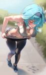  1girl absurdres alternate_costume anger_vein black_hairband black_shoes blue_hair blush breasts breasts_apart calvin_klein clenched_teeth closed_eyes clothes_pull commentary day downblouse eula_(genshin_impact) extended_downblouse genshin_impact grey_panties grey_sports_bra hairband highres illustuttillust large_breasts midriff navel outdoors panties pants pants_pull shoes solo sports_bra sports_panties sweat teeth underwear undressing yoga_pants 