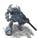  absurdres commentary_request full_body gatling_gun gouf_custom gundam gundam_08th_ms_team highres horns mecha mecha_focus mobile_suit no_humans one-eyed_mecha red_eyes robot science_fiction shoulder_spikes simple_background single_horn solo spikes standing white_background yamamotoshin7 zeon 