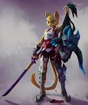  5_fingers anthro armor blood cat feline female fur holding_object holding_weapon katia_managan makkon mammal melee_weapon prequel smile solo standing sword the_elder_scrolls video_games weapon yellow_fur 