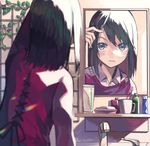  black_hair blue_eyes blush faucet highres looking_at_mirror mirror original plant red_sweater short_hair sink solo sweater sweater_vest toothbrush toothpaste ukimesato vines 