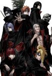  1girl 6+boys abs akatsuki_(naruto) akatsuki_uniform amegakure_symbol arm_on_knee arms_on_knees black_coat black_hair black_nails blue_eyes brown_eyes closed_mouth coat colored_sclera colored_skin deidara_(naruto) earrings elbow_on_knee face_piercing flower forehead_protector hair_flower hair_ornament hair_over_one_eye hand_mouth hidan_(naruto) high_ponytail highres hoshigaki_kisame iwagakure_symbol jewelry kakuzu_(naruto) kirigakure_symbol konan_(naruto) konohagakure_symbol kuji-in long_hair looking_at_viewer mask monster_boy multiple_boys multiple_piercings naruto_(series) naruto_shippuuden necklace nose_piercing open_clothes open_coat pain_(naruto) pectorals piercing plant_boy ponytail purple_hair reaching reaching_towards_viewer red_eyes red_hair ring rinnegan samehada_(naruto) sasori_(naruto) sharingan shark_boy short_hair simple_background smile squatting sso_s standing takigakure_symbol thumb_ring toned toned_male uchiha_itachi weapon weapon_on_back white_background white_hair white_skin xiangyun yellow_eyes zetsu_(naruto) 
