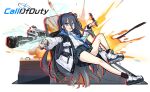  1girl absurdres aris_(blue_archive) black_hair black_socks blue_archive blue_eyes blue_halo blue_necktie call_of_duty collared_shirt commentary_request explosion gun hair_between_eyes hairband halo handgun highres holding holding_gun holding_weapon jacket kerry_leng knife looking_at_viewer necktie pleated_skirt school_uniform shirt shoes skirt smile sneakers socks solo teeth weapon white_shirt 