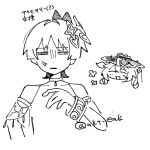  1boy 1girl akt_eak anger_vein armlet bare_shoulders blunt_ends bodysuit borrowed_clothes bracelet choppy_bangs closed_eyes covered_collarbone cropped_torso detached_sleeves disembodied_head facing_another genshin_impact hair_between_eyes hair_intakes hair_ornament hat heart heart_hair_ornament highres jewelry jingasa leaf leaf_hair_ornament light_blush nahida_(genshin_impact) neck_ring open_mouth parted_lips scaramouche_(genshin_impact) sidelocks sketch squinting translation_request twitter_username wanderer_(genshin_impact) white_background 