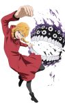 1girl 1other absurdres black_boots blonde_hair boots braid commentary demon extra_eyes gabriel_(yomi_no_tsugai) gabu_(yomi_no_tsugai) highres hood hoodie looking_at_viewer open_mouth purple_eyes red_hoodie teeth yamato_2025 yomi_no_tsugai 