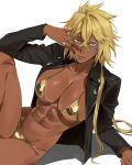  1girl abs absurdres bikini black_jacket bleach blonde_hair breasts commentary dark-skinned_female dark_skin facial_mark gold_bikini green_eyes hair_between_eyes highres jacket large_breasts long_hair looking_at_viewer solo swimsuit taiyang_yu tattoo tier_harribel toned toned_female white_background 