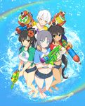  aqua_eyes asuka_(senran_kagura) barefoot black_hair blue_eyes blush carrying_over_shoulder clothes_writing denim denim_shorts dual_wielding flower grin gun hair_flower hair_ornament hand_on_another's_shoulder highres holding holding_gun holding_weapon homura_(senran_kagura) long_hair midriff miyabi_(senran_kagura) multiple_girls navel official_art one_eye_closed open_mouth senran_kagura senran_kagura_peach_beach_splash shirt short_hair short_shorts short_sleeves shorts smile t-shirt very_long_hair water_gun weapon white_hair yaegashi_nan yellow_eyes yumi_(senran_kagura) 