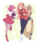  3girls aida_rayhunton baggy_pants bindi blue_eyes bow commentary_request dark-skinned_female dark_skin double_bun green_hair grin gundam gundam_g_no_reconguista hair_bun hat highres holding_hands leg_up leggings multiple_girls noredo_nug open_mouth pants pink_hair raraiya_monday sbr_ghn skirt smile sweatdrop 