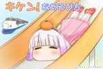  =_= afterimage bangs black_hairband blue_background blunt_bangs blush chibi closed_eyes commentary_request dress eyebrows_visible_through_hair eyelashes facing_viewer food food_on_head fruit fruit_on_head gradient_hair ground_vehicle hairband kanna_kamui kobayashi-san_chi_no_maidragon lavender_hair long_hair lying mandarin_orange multicolored_hair no_mouth object_on_head on_stomach pink_dress raised_eyebrows red_footwear shoes simple_background slide sliding solo speed_lines train translated two-tone_hair vorpal_piggy 
