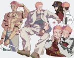  2boys abs alternate_costume anger_vein arm_tattoo baseball_cap black_hair black_nails brown_eyes cheek_pull chest_tattoo clenched_teeth english_text extra_arms extra_eyes facial_tattoo fangs flexing front-to-back full_body grey_pants hat highres itadori_yuji jacket jacket_on_shoulders jujutsu_kaisen looking_at_another looking_at_viewer looking_to_the_side male_focus multicolored_hair multiple_boys multiple_tattoos multiple_views muscular muscular_male nipples one_eye_closed pants pectorals pink_hair pinkuyuji red_eyes red_jacket ryoumen_sukuna_(jujutsu_kaisen) ryoumen_sukuna_(true_form)_(jujutsu_kaisen) sitting speech_bubble spoken_anger_vein sunglasses tattoo teeth track_jacket two-tone_hair undercut vertical-striped_sleeves white_jacket white_pants wrist_tattoo zipper 