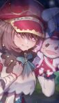  1girl absurdres animal_ears blush bow breasts brown_hair closed_mouth ear_covers ears_through_headwear green_bow hair_between_eyes hand_puppet hat highres horse_ears horse_girl jacket long_sleeves looking_at_viewer marche_lorraine_(racing)_(umamusume) marche_lorraine_(umamusume) mismatched_ear_covers puppet purple_eyes short_hair solo sweat umamusume white_jacket xed_11z 