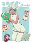  1boy 2girls baggy_pants bellri_zenam bindi blue_eyes chuchumy commentary_request dark_skin double_bun green_hair gundam gundam_g_no_reconguista hair_bun highres mecha_pilot_suit multiple_girls noredo_nug normal_suit_(gundam) open_mouth pants pink_hair pom_pom_(cheerleading) raraiya_monday romper sbr_ghn sleeveless thighhighs 