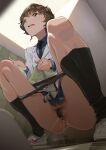  1girl absurdres amatsu_amaguri anus bar_censor black_necktie black_panties black_socks blue_shirt brown_eyes brown_hair censored collared_shirt commentary_request female_pubic_hair from_below highres jacket marnie_(meitantei_marnie) meitantei_marnie necktie open_mouth panties pee peeing pubic_hair pussy shirt shoes socks solo squat_toilet squatting teeth toilet_use underwear white_jacket 